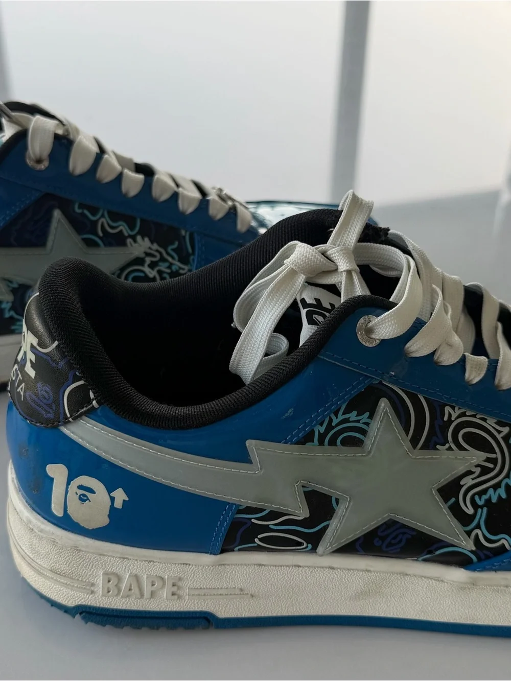 Bape Men's Blue Patent Low-Top Sneakers with White Laces